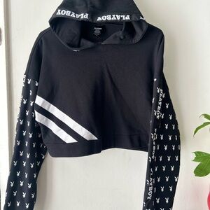 PLAYBOY Black Cropped Hoodie with “Sleeve Hit” Size M
